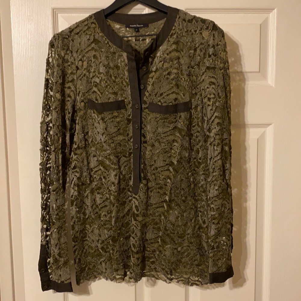 Nanette Lepore olive green lavce tunic button down blouse, size 10